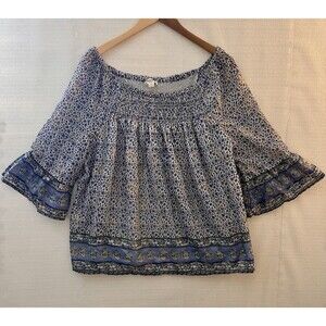 Beach Lunch Lounge Womens Top‎ Off Shoulder Smocked Bell Sleeve Peasant Boho LG